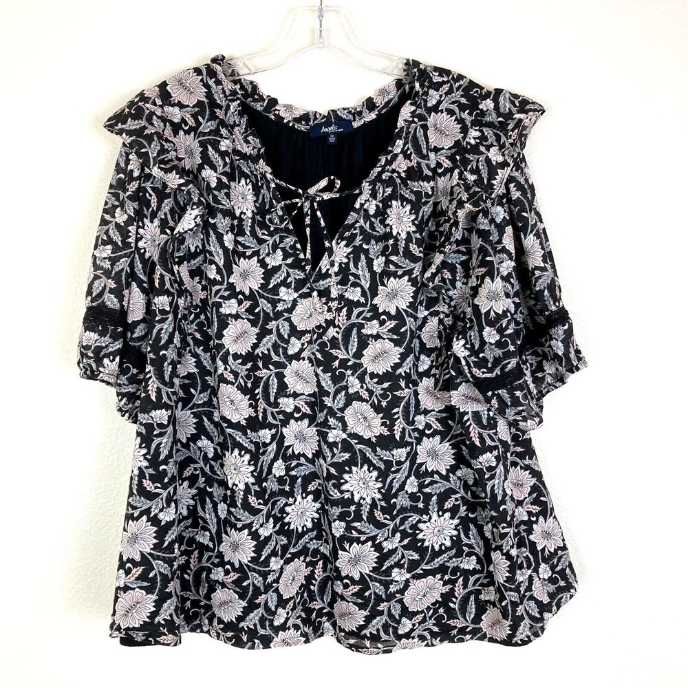 Angels Baby Doll Peasant Blouse Size 1X Black Pink Cotton Floral Ruffles Lace